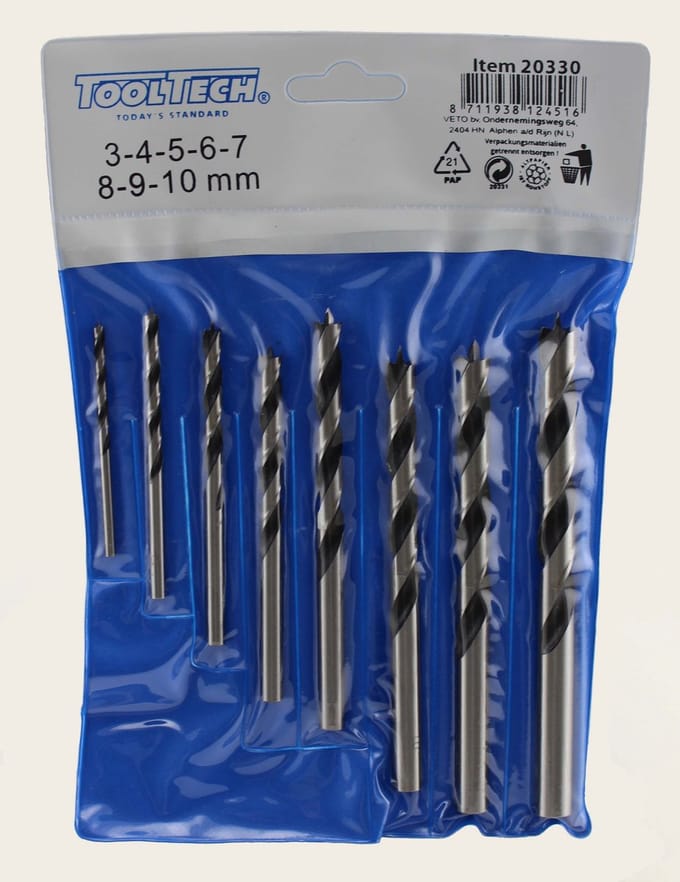 Houtborenset 3 t/m 10 mm – 8 Delige Borenset – Houtboren in Plastic Etui - TOOLTECH