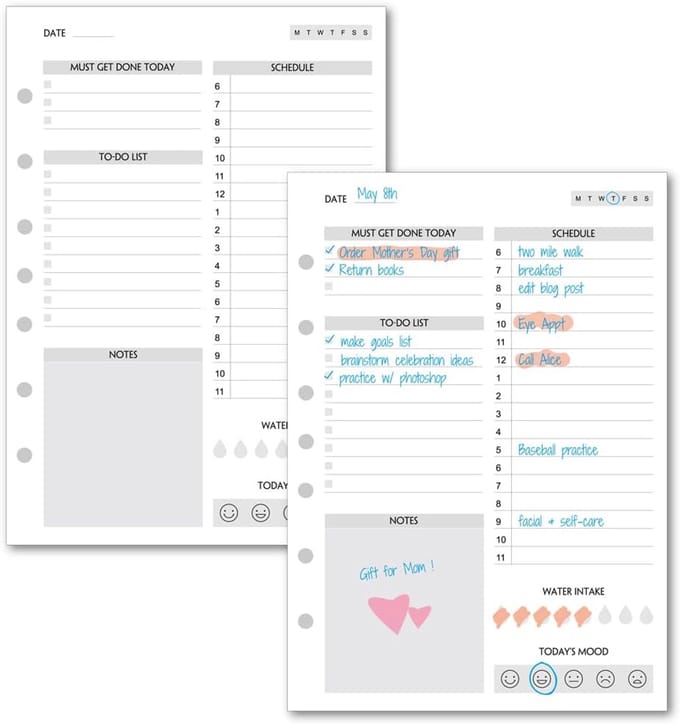 Ongedateerde Dagplanner Pagina's met Schema, Prioriteiten en Water Tracker