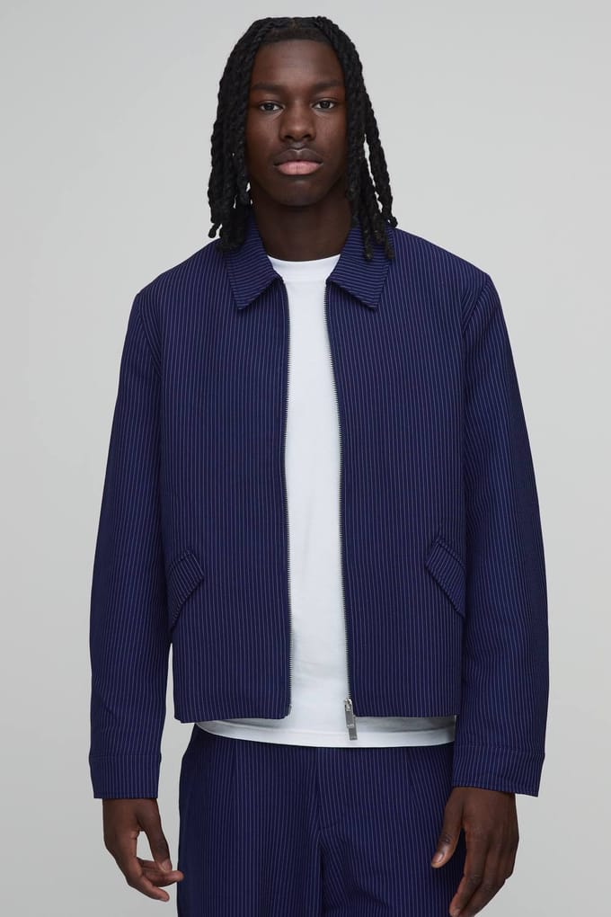 Krijtstreep Boxy Fit Getailleerd Co-ord Jasje | Navy | Size Small