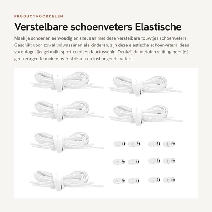 Dailygoods- Schoenveters Elastisch - 6 Paar - Metalen Sluiting - Verstelbaar - Antislip - Wasbaar en Herbruikbaar - Elastische Veters