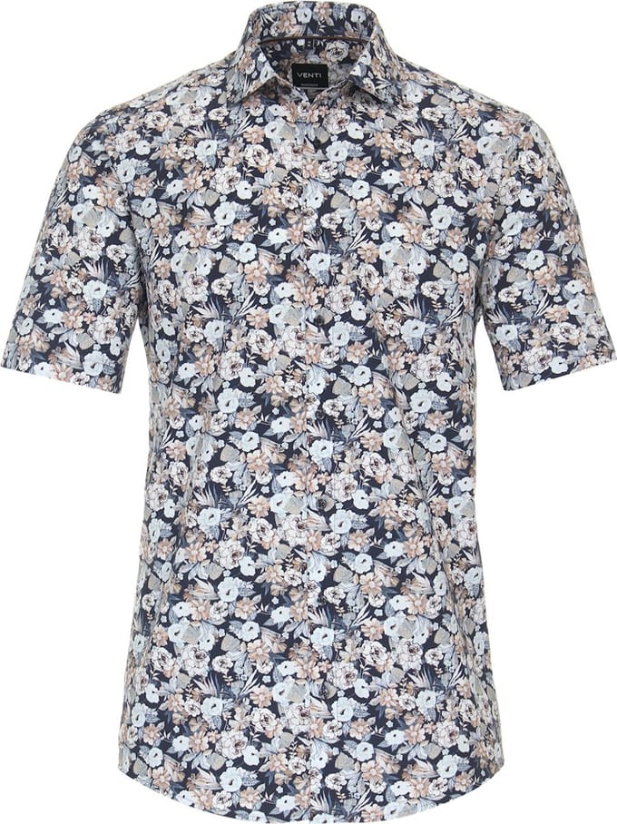 Blauw Overhemd Met Bloemmotief Korte Mouw Venti Modern Fit - L