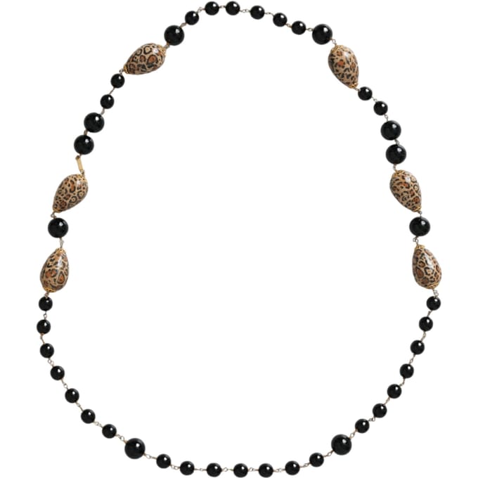 Gouden Toon Messing Zwarte Geprinte Kralen Lange Ketting