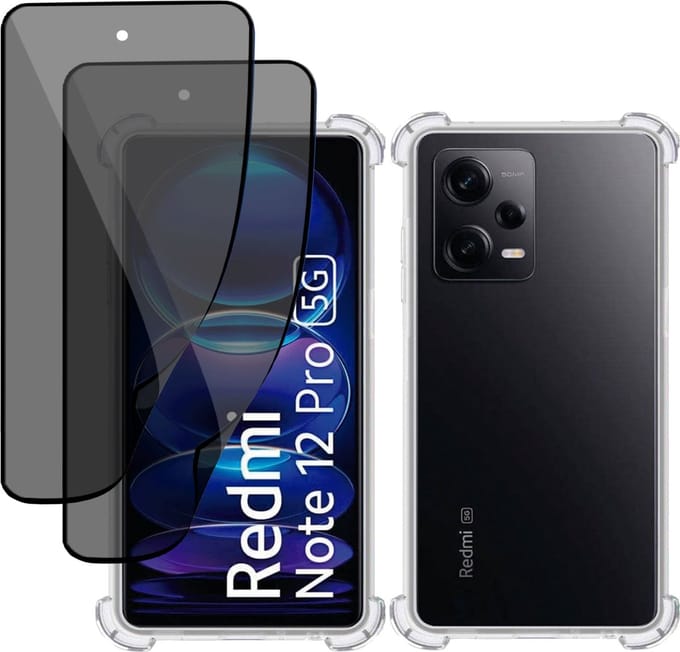 Hoesje + 2x Privé Screenprotector geschikt voor Xiaomi Redmi Note 12 Pro – Privacy Tempered Glass - Case Transparant