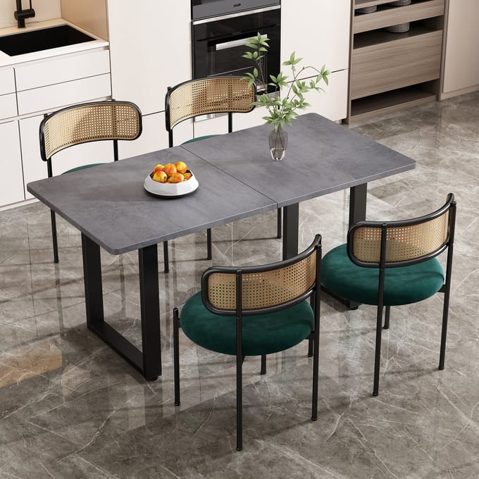 REDOM - Eetkamerstoel Set Van 4 - Rotan Rugleuning En Gebogen Rug - Modern - Voor Eetkamer - Fluweel En Metaal - Groen