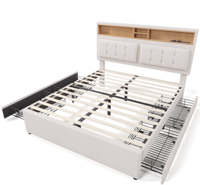 COVREO Bedframe 140x200 cm - beige stof, 4 lades, USB-C, met matras
