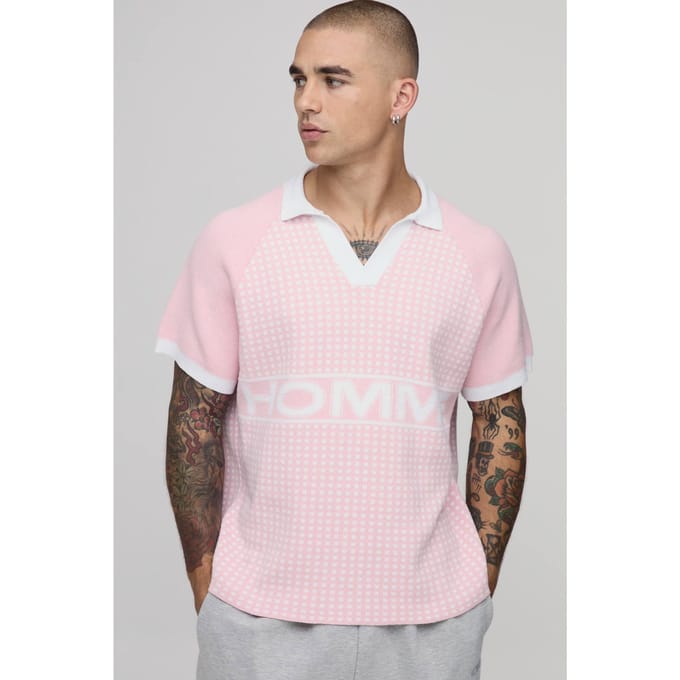 Ontspannen Boxy Varsity Geborduurde Gebreide Polo | Pink | Size Medium