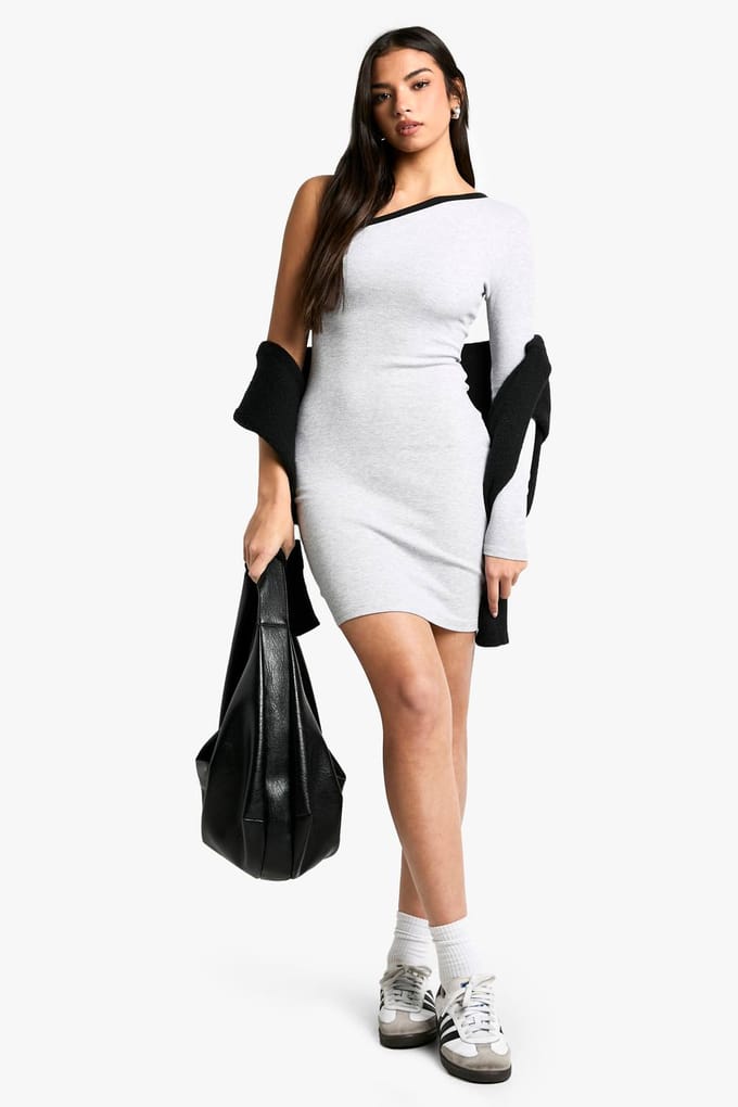 boohoo Dames Contrast Binding One Shoulder Mini Jurk | Grijze Mergel | Maat: 42