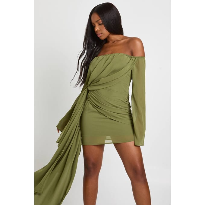 boohoo Dames Chiffon Bardot geruched mini-jurk | Olive | Maat: 8