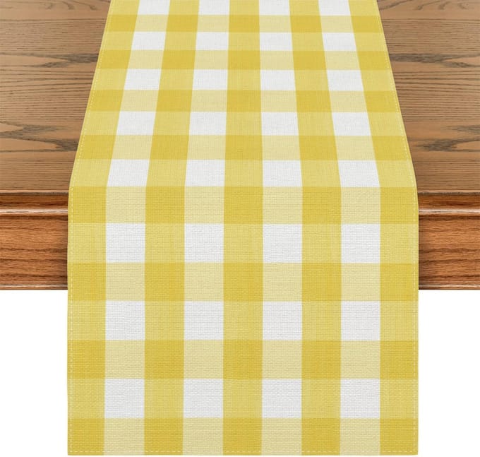 Chemin de table à carreaux Buffalo Jaune Blanc en Lin Décoration de Fête Chemin de table pour Table de Salle à Manger de Ferme Décorations de Mariage 150x33cm