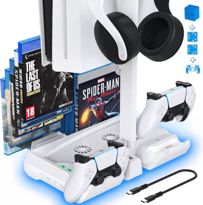 Playstation 5 docking station - PS5 oplaadstation - Charging dock voor 2 DualSense Controllers - 12 CD Game slots - Headset Houder voor de PS5 - P5249