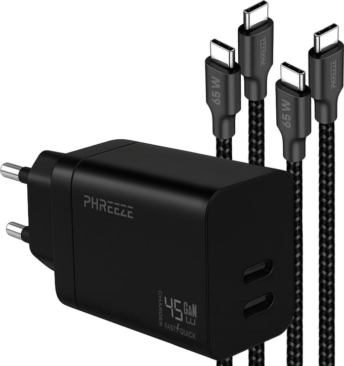 Snellader usb C adapter 45 W - Dual port Power Delivery GaN oplader met 2 usb C naar usb C kabels 1m - Laptop oplader usb C