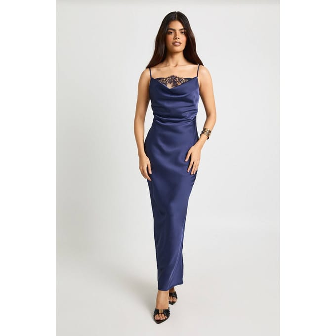 boohoo Dames Satijnkanten maxi slipjurk met cowl-hals | Midnight | Maat: 6