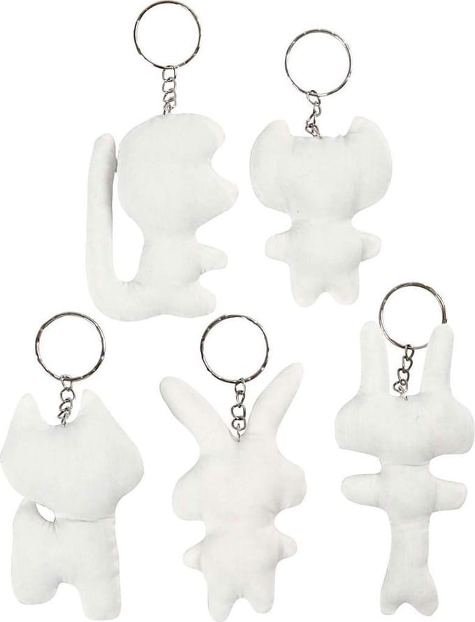 Figuren van textiel met sleutelhanger, H: 6-10 cm, 5 stuk/ 1 doos