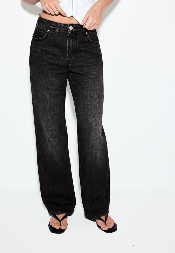 Stradivarius D92 straight wide jeans met scheuren  ZWARTE DENIM WASSING 38