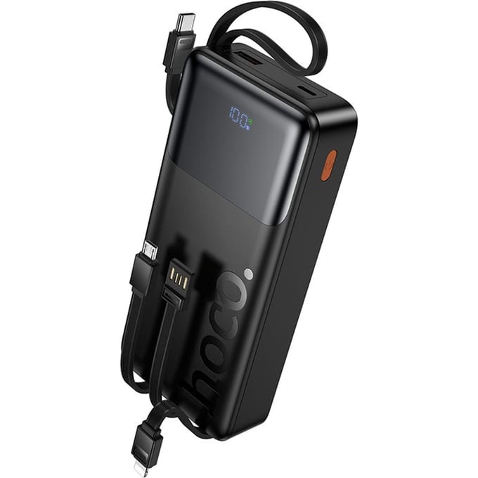 Hoco Powerbank 20.000mAh met Ingebouwde Kabels - Universeel Opladen (USB-C, Lightning, Micro-USB) - 22.5W Snelladen - LED Display - Zwart