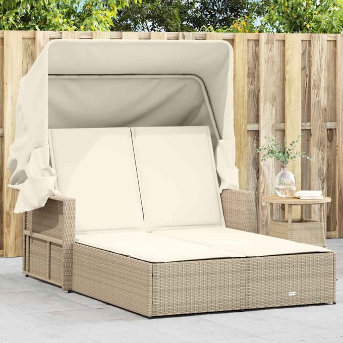 vidaXL - Ligbed - 2-persoons - met - luifel - en - kussens - poly - rattan - beige