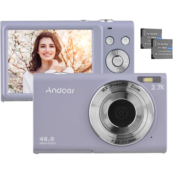 Andoer 2.7K digitale camera compacte videocamcorder 48MP autofocus 2,88 inch IPS-scherm 16x zoom paars
