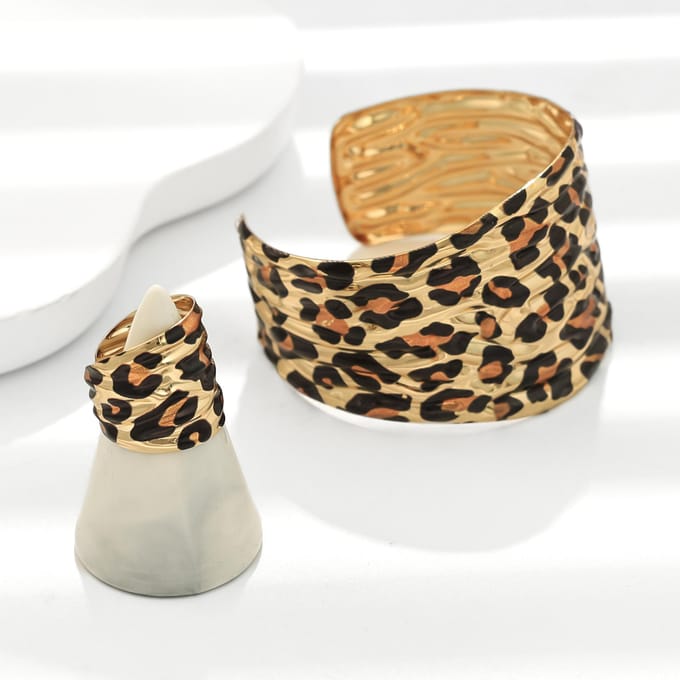 2 stuks/set Gepersonaliseerde Luipaard Onregelmatige Armband Ring Set beige