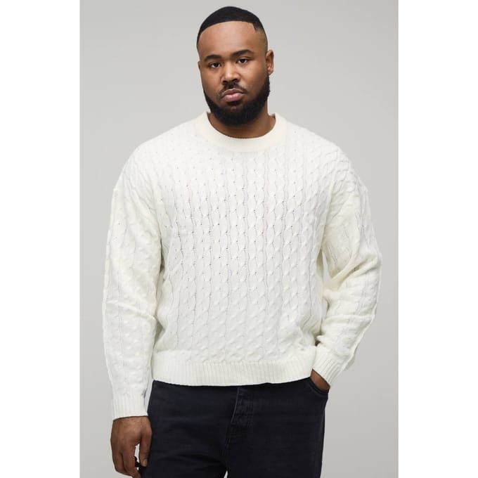 Plus Basic Boxy Fit Kabelgebreide Trui | Ecru | Size 2XL