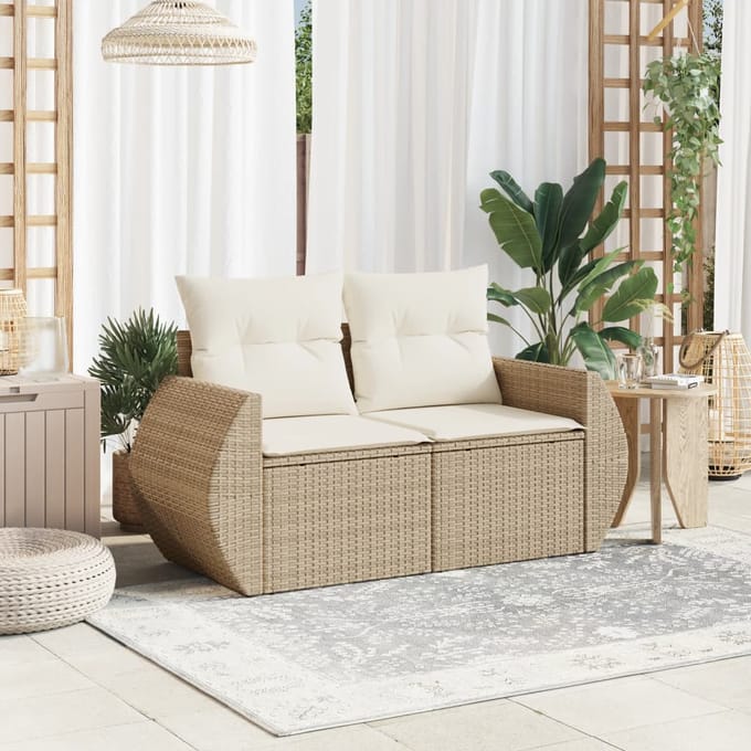 vidaXL - Tuinbank - 2-zits - met - kussens - poly - rattan - beige