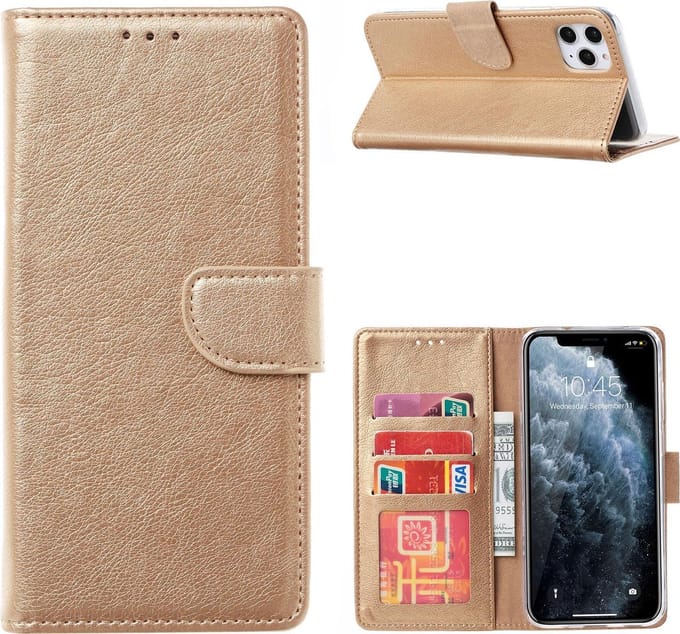 Hoesje Geschikt voor iPhone 13 Mini bookcase Met 2 stuks screenprotector temperede glass – Goud