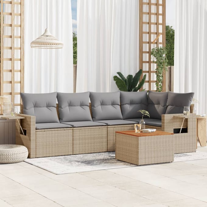 vidaXL - 6-delige - Loungeset - met - kussens - poly - rattan - beige
