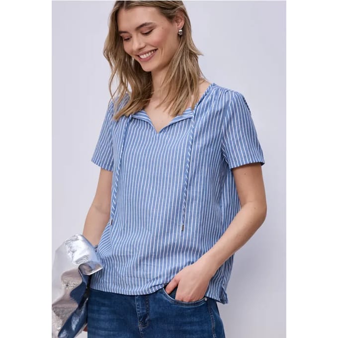 Blouse met korte mouwen, gespleten hals en strepen