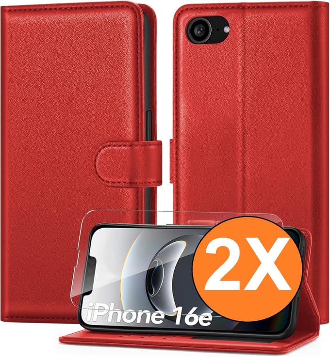 Hoesje Geschikt voor iPhone 16e / iPhone 17e hoesje bookcase Rood met screenprotectors 2 stuks