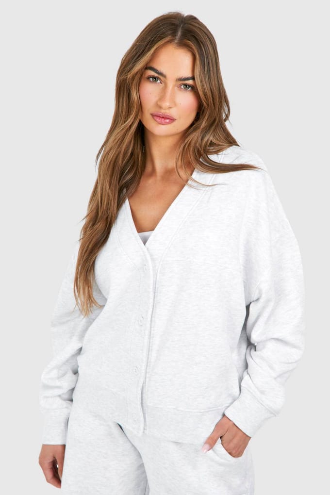 boohoo Dames Button Through Cardigan Sweatshirt And Straight Leg Jogger Tracksuit | Asgrijs | Maat: Medium