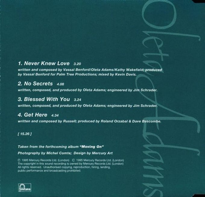 Oleta Adams ‎– Never Knew Love / No Secrets / Blessed With You / Get Here 4 Track Cd Maxi 1995