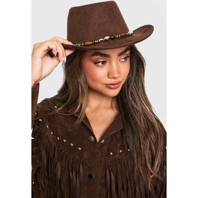 boohoo Dames Westernhoed met kralenranddetail | Chocoladebruin