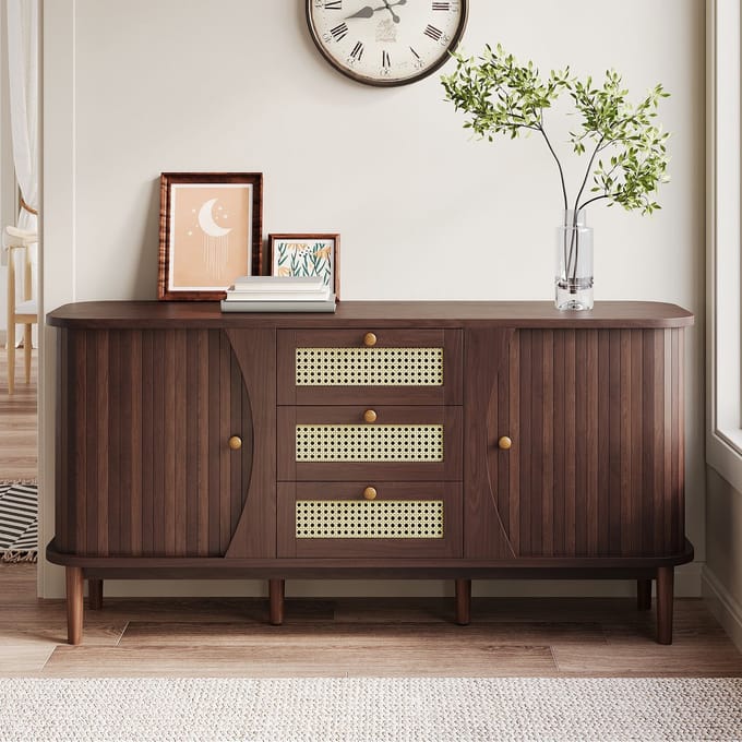 BLACKCOLORS Dressoir, rotan dressoir, dressoir met schuifdeuren, verstelbare planken en afgerond blad.