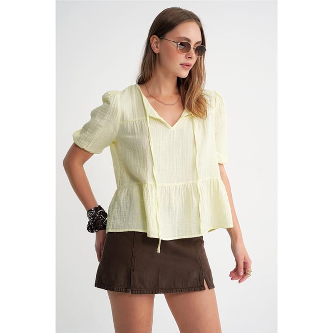 Gelaagde Muslin Crew Neck Blouse met Binddetail