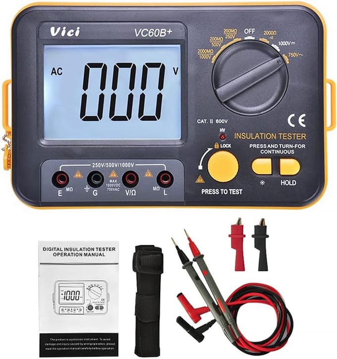 Megger Megohm Meter VCB60+ digitale isolatieweerstandstester 1000V 0,1~2000MΩ (zwart + oranje)
