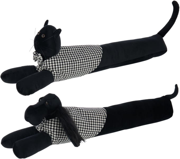 J-Line tochtrol Hond + Kat Pied-De-Poule - polyresin - zwart/wit - 2 stuks