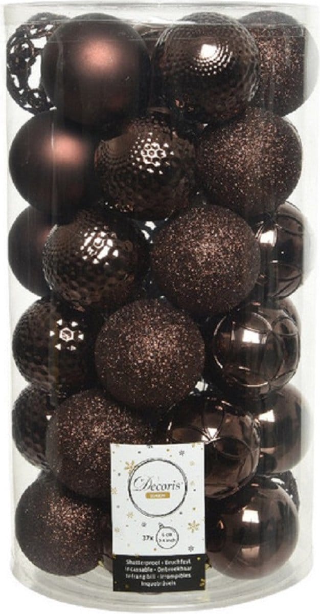 Decoris Kerstballenmix - 37 stuks - 6cm - Kunststof - Donkerbruin