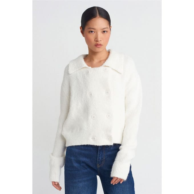 Geribde Polo-kraag Knop Cardigan