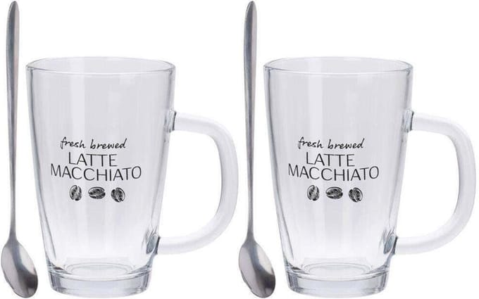 2 x 300ml Latte Macchiato koffie bekers/mugs met 2 lepels - 4-Delig