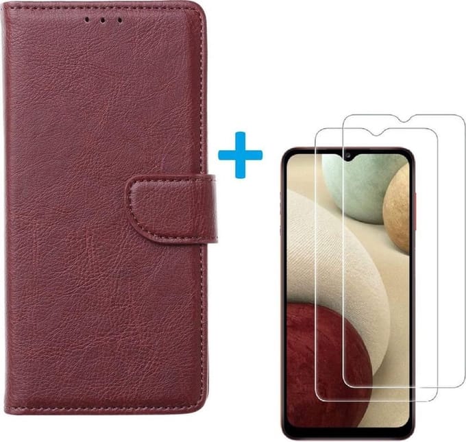 Bookcase Geschikt voor: Oppo A12 / A12S - Bordeaux - portemonnee hoesje met 2 stuks Glas Screen protector