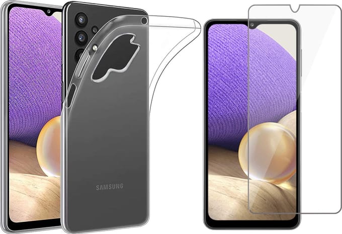 Hoesje geschikt voor Samsung Galaxy A32 5G - Screen Protector GlassGuard - Back Cover Case ShockGuard Transparant & Screenprotector