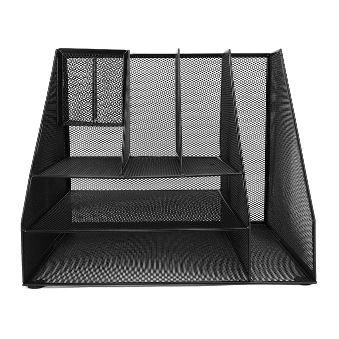 Bureau Organizer Zwart IJzer Gaas 3 Laags Papier Brievenbak 2 Pennenhouders en Documenten Organizer gray