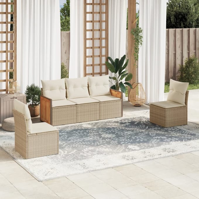 vidaXL - 5-delige - Loungeset - met - kussens - poly - rattan - beige
