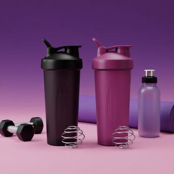 Proteïneshaker 2 stuks 600 ml lekvrij met mixbal - Zwart en Paars