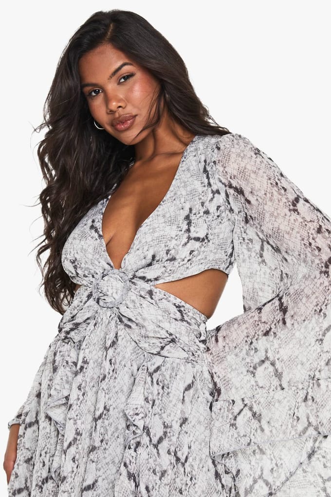 boohoo Dames Cut Out Printed Skaterjurk | Grijs | Maat: 40