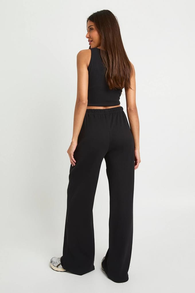 boohoo Dames Basis geribbelde broek met wijde pijpen | Zwart | Maat: 34