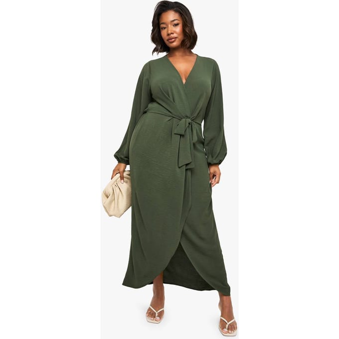 boohoo Dames Plus Textured Tie Detail Maxi Jurk | Olijf | Maat: 44