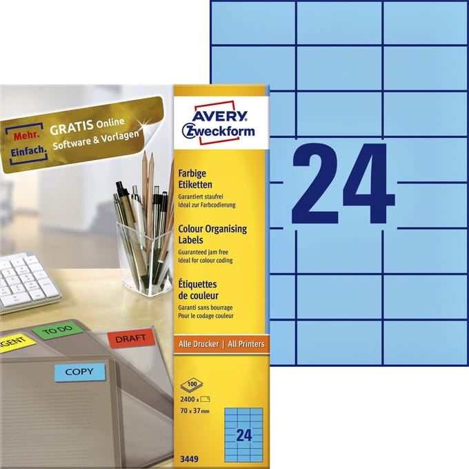 Huismerk Avery 3449 Gekleurde Etiket 70x37mm Blauw