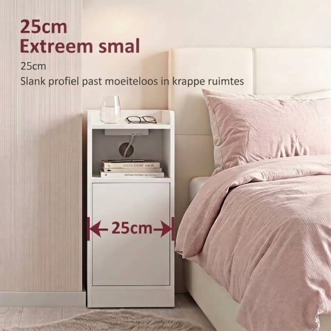 Nachtkastje Set van 2 met Laadstation - Smal Design 25 cm - MDF - Slaapkamer & Woonkamer - Wit