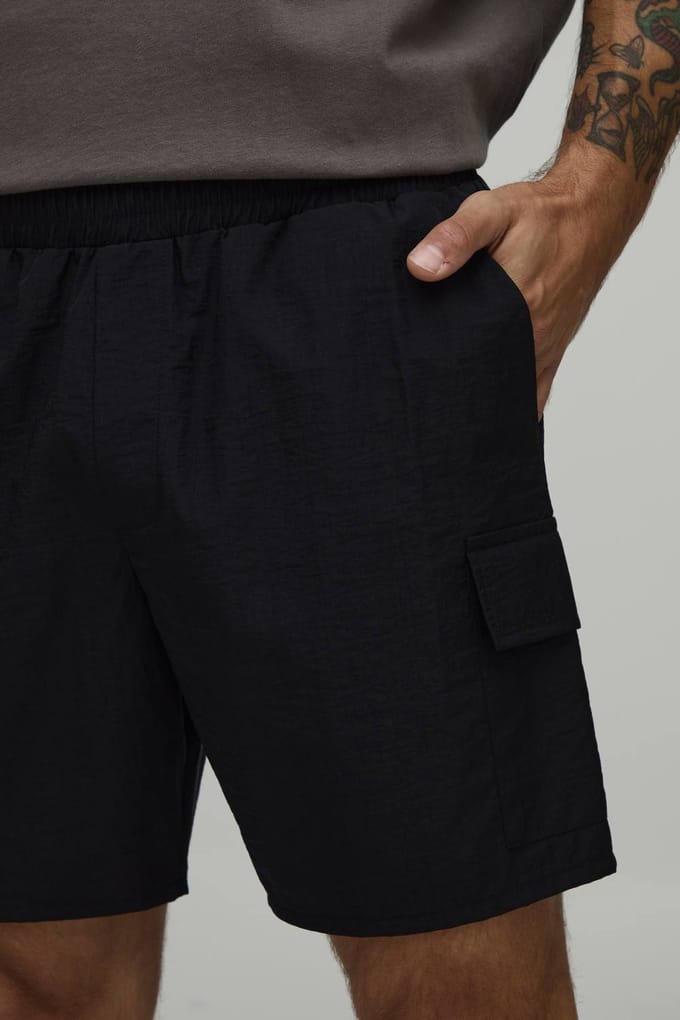 Essential Slim Fit Elasticated Nylon Cargo Shorts | Black | Size Small