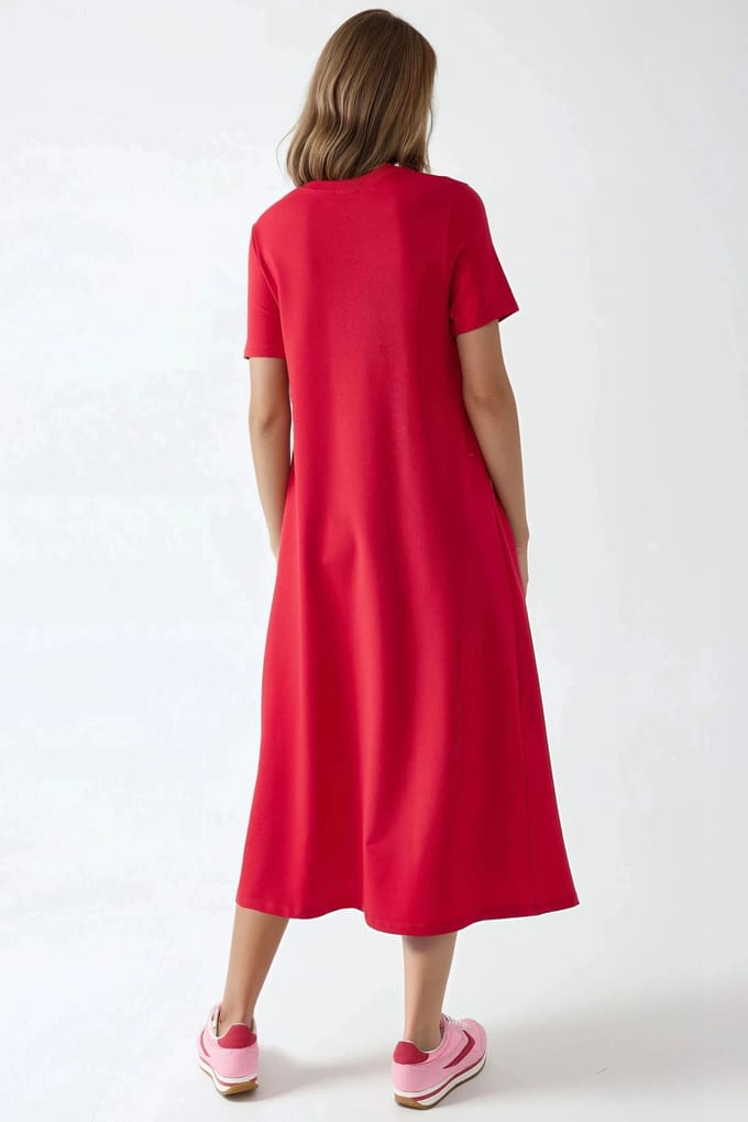 Korte mouwen Basis Midi-Jurk met Ronde Hals